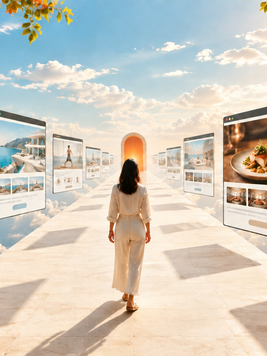 A woman walking along a bright gallery of website screens